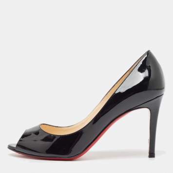 Pre Owned Christian Louboutin Black Patent Leather Flo Peep Toe Pumps Size 36.5