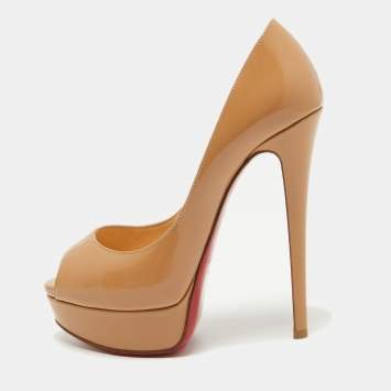 Pre Owned Christian Louboutin Beige Patent Leather  Lady Peep  Pumps Size 36.5