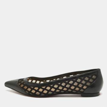 Pre Owned Christian Louboutin Black Leather and Lace Pointed Toe Ballet Flats Size 36.5