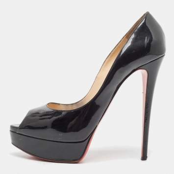 Pre Owned Christian Louboutin Black Patent Leather Lady Peep Pumps Size 40.5