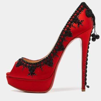 Pre Owned Christian Louboutin Red/Black Satin Torero Peep Toe Platform Pumps Size 40