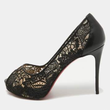 Pre Owned Christian Louboutin Black Lace and Leather Very Lace Peep Toe Pumps Size 37