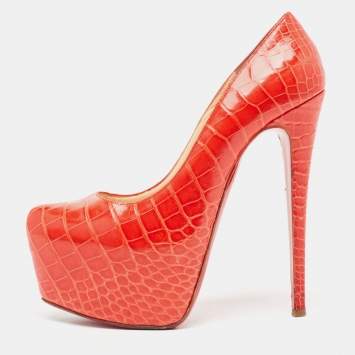 Pre Owned Christian Louboutin Red Crocodile Daffodile Pumps Size 38.5
