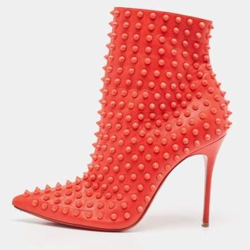 Pre Owned Christian Louboutin  Red Leather Studded Ankle Boots Size 39