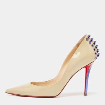 Pre Owned Christian Louboutin Beige Patent Leather Spiked Pumps Size 37