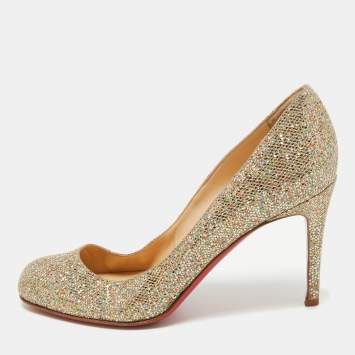 Pre Owned Christian Louboutin Gold Coarse Glitter Simple Pumps Size 38