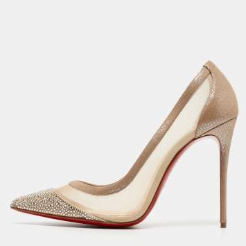 Pre Owned Christian Louboutin Beige Mesh and Laminated Suede Galativi Strass Pumps Size 41