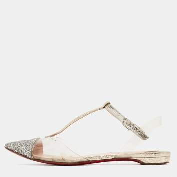 Pre Owned Christian Louboutin Silver/Gold Coarse Glitter and PVC Nosy T-Strap Flats Size 37.5