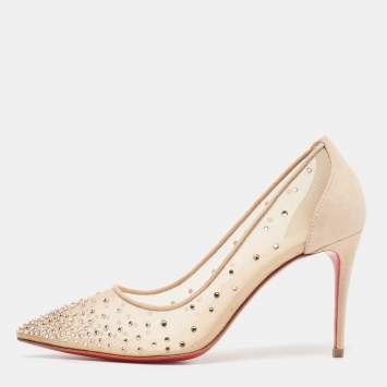 Pre Owned Christian Louboutin Beige Mesh and Suede Follies Strass Pumps Size 37