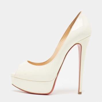 Pre Owned Christian Louboutin Cream Patent Lady Peep Pumps Size 36