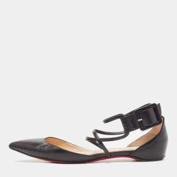 Pre Owned Christian Louboutin Black Leather Suzanna Ankle Strap Flats Size 37.5