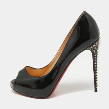 Pre Owned Christian Louboutin Black Patent Leather Spikes Peep Toe Platform Pumps Size 38.5