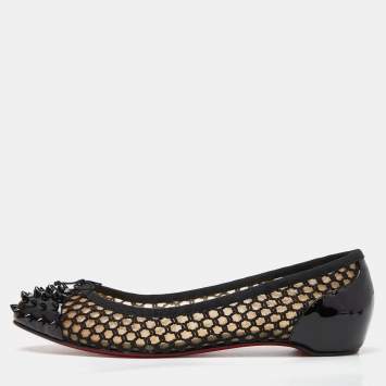 Pre Owned Christian Louboutin Black Patent Leather Cord Mix Spike Cap Toe Ballet Flats Size 42