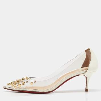 Pre Owned Christian Louboutin White Patent Leather And PVC Collaclou Spiked Pointed Toe Pumps Size 40