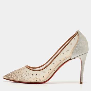 Pre Owned Christian Louboutin Beige/Silver Mesh and Glitter Follies Strass Pumps Size 37