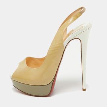 Pre Owned Christian Louboutin Tricolor Patent Leather Lady Peep Slingback Pumps Size 38.5
