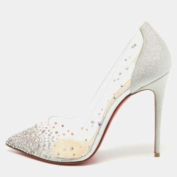 Pre Owned Christian Louboutin Metallic Silver Glitter And PVC Degrastrass Crystal Embellished Pumps Size 39