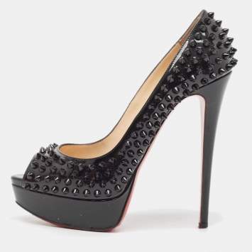 Pre Owned Christian Louboutin Black Patent Leather Lady Peep Spikes Pumps Size 39