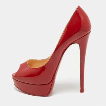 Pre Owned Christian Louboutin Red Patent Leather Lady Peep Pumps Size 38