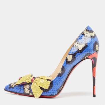 Pre Owned Christian Louboutin Blue/Yellow Watersnake Madame Menodo Pumps Size 38
