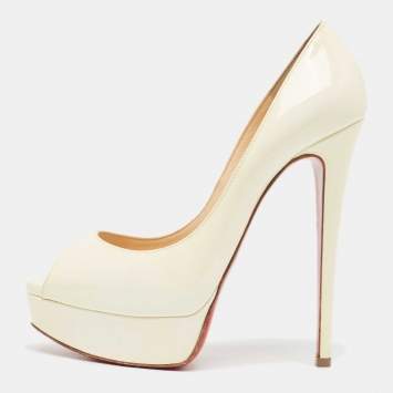 Pre Owned Christian Louboutin Cream Patent Leather Lady Peep Pumps Size 38