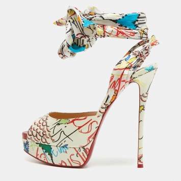 Pre Owned Christian Louboutin Multicolor Patent and Satin Jersey Vamp Graffiti Platform Sandals Size 38
