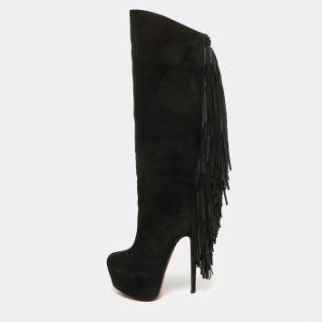 Pre Owned Christian Louboutin Black Suede Interlopa Knee Length Boots Size 37.5