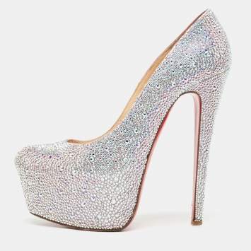 Pre Owned Christian Louboutin Silver Suede Crystal Embellished Daffodile Pumps Size 38.5