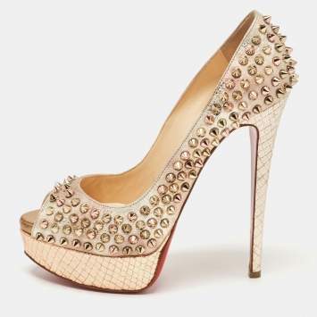 Pre Owned Christian Louboutin Metallic Leather Lady Peep Spike Platform Pumps Size 38
