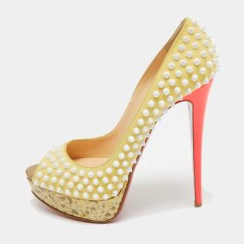 Pre Owned Christian Louboutin Yellow Suede Lady Peep Spikes Pumps Size 41
