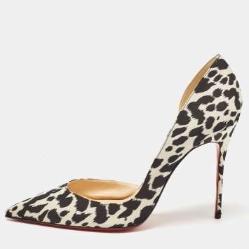 Pre Owned Christian Louboutin Black/White Leopard Print Fabric Iriza Pumps Size 41