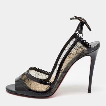 Pre Owned Christian Louboutin Black Lace and Patent Leather Hot Spring Butterfly Pumps Size 37.5