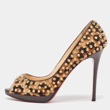 Pre Owned Christian Louboutin Brown Leopard Print Calfhair Yolanda Spike Pumps Size 40.5