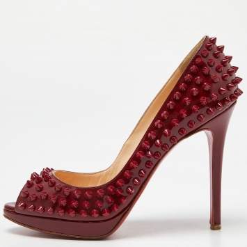 Pre Owned Christian Louboutin Red Patent Leather Yolanda Spiked Peep-Toe Pumps Size 37.5