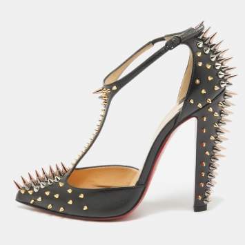 Pre Owned Christian Louboutin Black Leather Goldostrap Spike Pumps Size 37