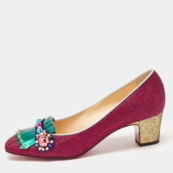 Pre Owned Christian Louboutin Pink Lurex Fabric Oaxacana Pumps Size 38.5