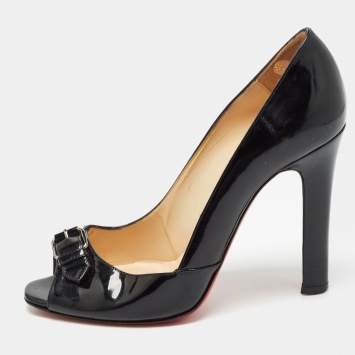 Pre Owned Christian Louboutin Black Patent Leather Buckle Detail Open Toe Pumps Size 39