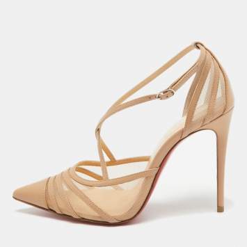 Pre Owned Christian Louboutin Beige Leather and Mesh Theodorella Pumps Size 35
