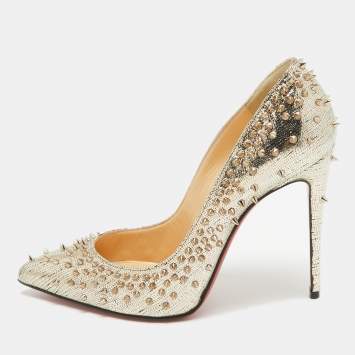 Pre Owned Christian Louboutin Gold Laminated Suede Escarpic Spike Pumps Size 37.5