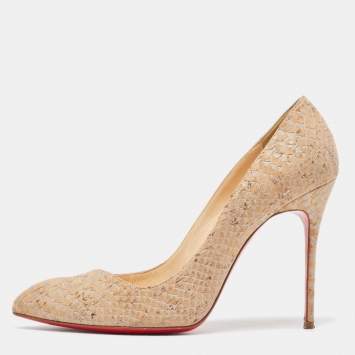 Pre Owned Christian Louboutin Beige Python Embossed Cork Pointed Toe Pumps Size 39
