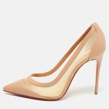 Pre Owned Christian Louboutin Beige Leather and Mesh Galativi Pumps Size 36.5