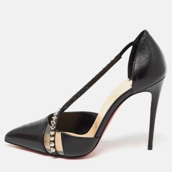 Pre Owned Christian Louboutin Black Leather Spike Cross Pumps Size 35.5