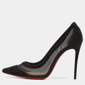 Pre Owned Christian Louboutin Black Suede and Mesh Galativi Strass Pumps Size 37.5