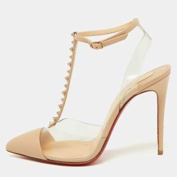 Pre Owned Christian Louboutin Beige Leather and PVC Nosy T-strap Slingback Pumps Size 36