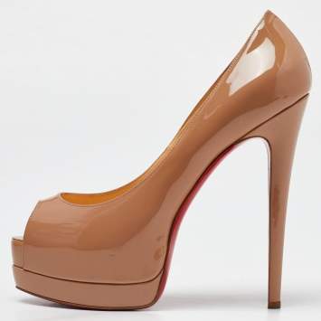 Pre Owned Christian Louboutin Beige Patent Leather Lady Peep Platform Pumps Size 38