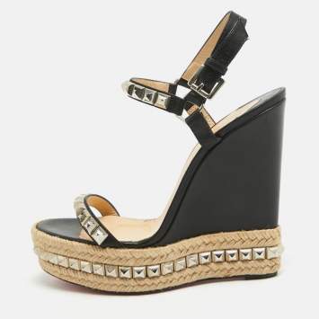 Pre Owned Christian Louboutin Black Leather Pyraclou Wedge Sandals Size 41