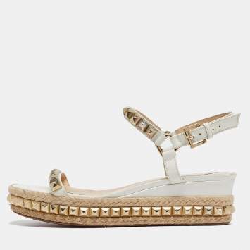 Pre Owned Christian Louboutin White Leather Pyraclou Spike Espadrilles Sandals Size 39