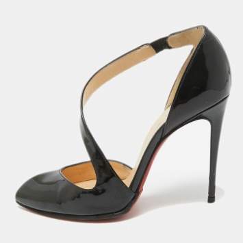 Pre Owned Christian Louboutin Black Patent Leather Opgrade Cross Strap Pumps Size 34