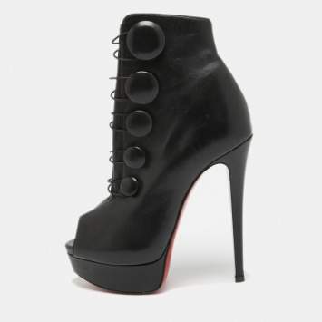 Pre Owned Christian Louboutin Black Leather Alta Bouton Booties Size 35