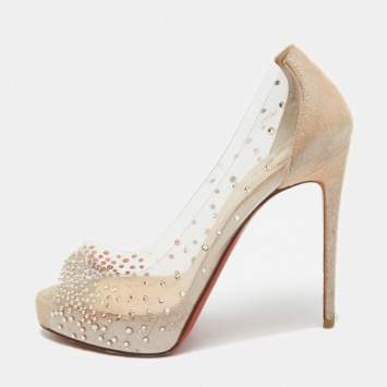 Pre Owned Christian Louboutin Beige PVC and Glitter Nubuck Very Strass Peep Toe Pumps Size 34